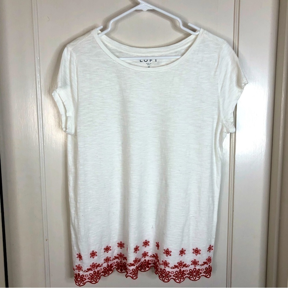 Loft top white tee red orange embroidery roomy long cap sleeves size M